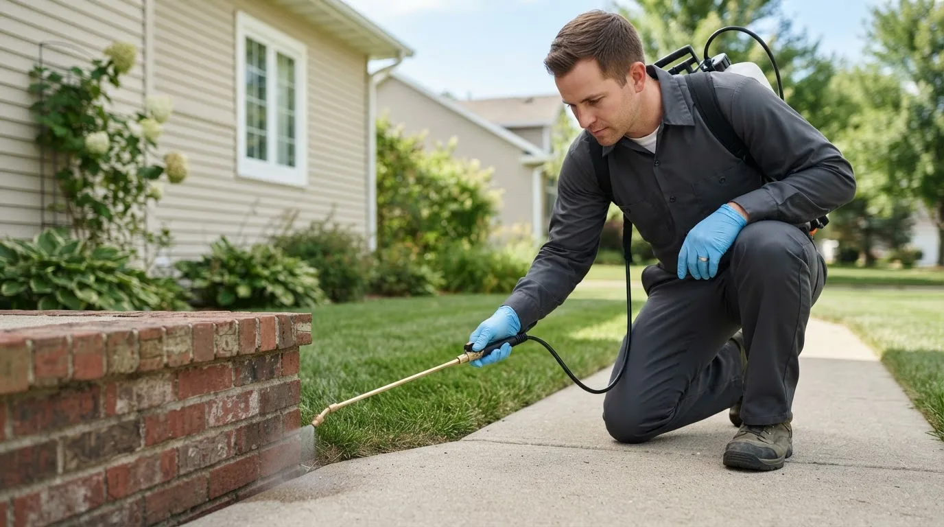Pest control technician treating a home near North Tonawanda, NY