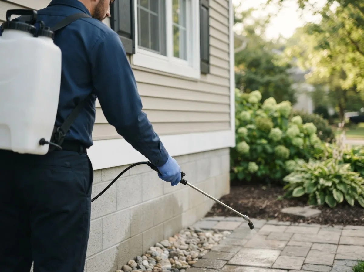 Pest control technician inspecting a home in North Tonawanda, NY
